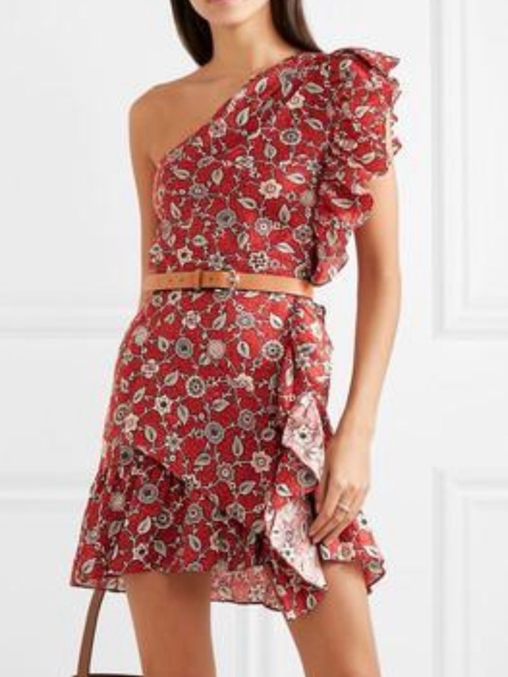 NWT Isabel Marant Teller Rust Red Floral One-Shoulder Ruffle Mini Dress  Size 38